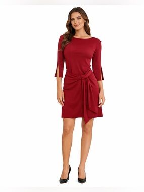 Calvin Klein Wine Red Tie Waist Dress Size 4 Long Sleeve Stretch Sheath EUC